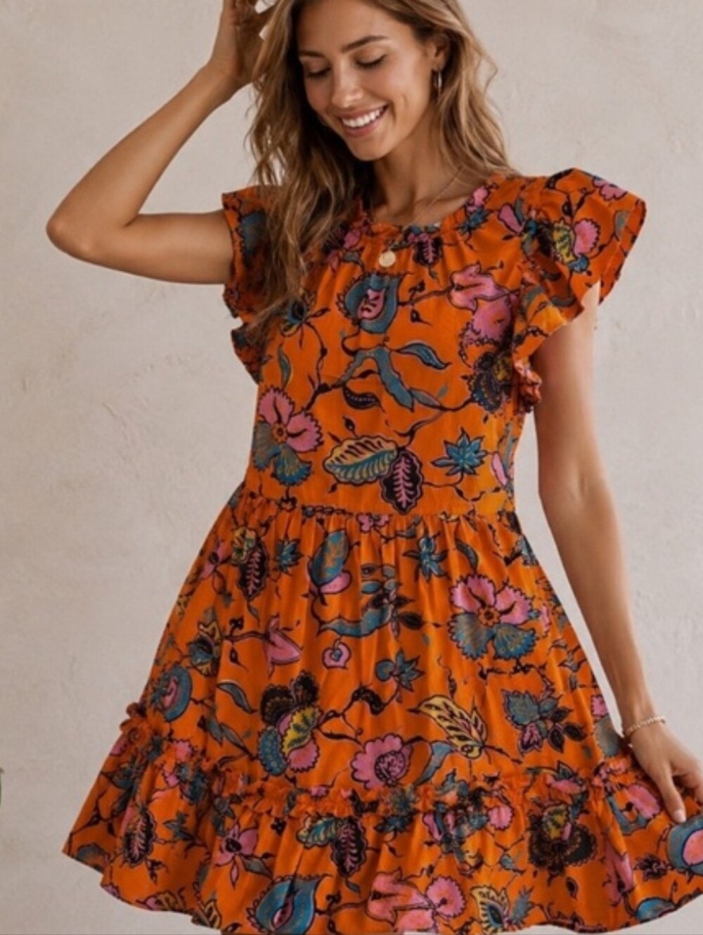 House Of Harlow 1960 Orange Floral Tiered Boho Mini Dress - Picture 3 of 11